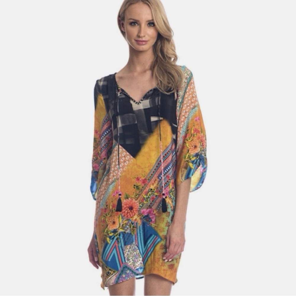 Tolani 100% Silk Patchwork Floral Boho Tunic Dress High Low Tassel L EUC